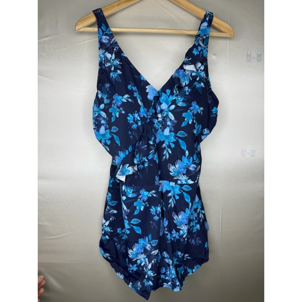 Denim & Co. Beach Ruffle Trim V-Neck Swim Dress Navy Floral, Reg 16 - Picture 3 of 8